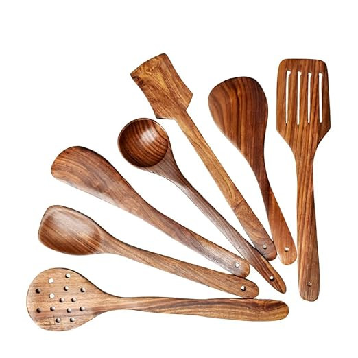 Wooden Handicraft , NonStick , Serving and Cooking Spoons/Stapula Set , Kitchen Tools Utensil - Set of 7