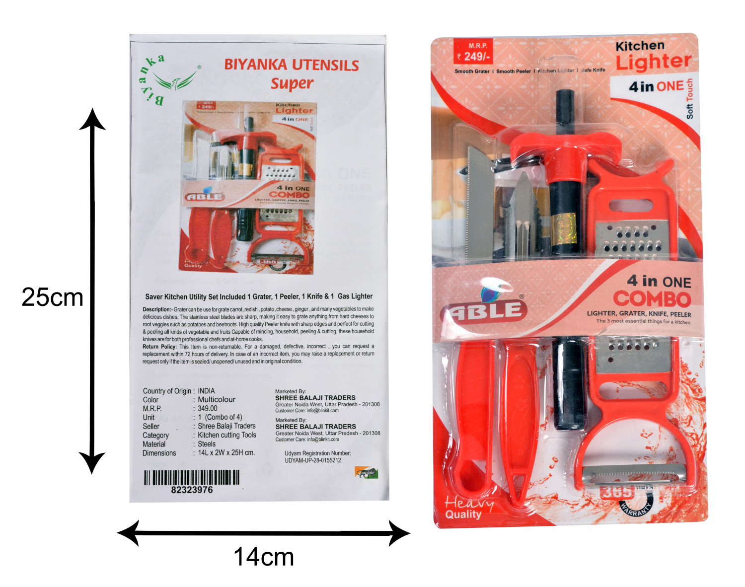 Stainless Steel Kitchen Gas Lighter , Knife , Peeler and Smooth Grater - Combo of 4