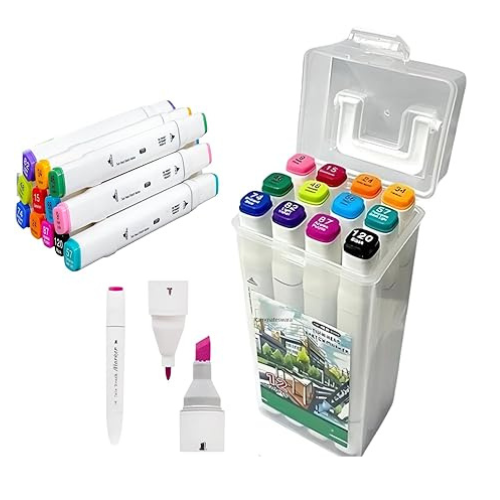 Professional Color Marker Pen Double Side Tip For Art Craft Drawing Waterproof Color Pens , Art Set For Kid Adult Head Art Marker Set For Sketching and Drawing marker - Pack of 12